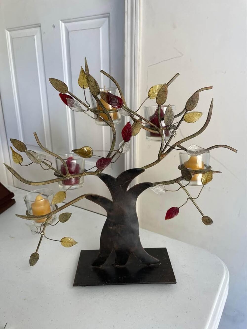 Metal Tree Decor with Glass Votives and Candles
